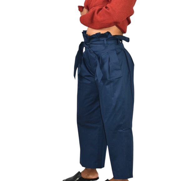 M Martin Pants Blue Cotton Sateen Trousers Wide Loose Straight Crop Paperbag 2 - Picture 13 of 14